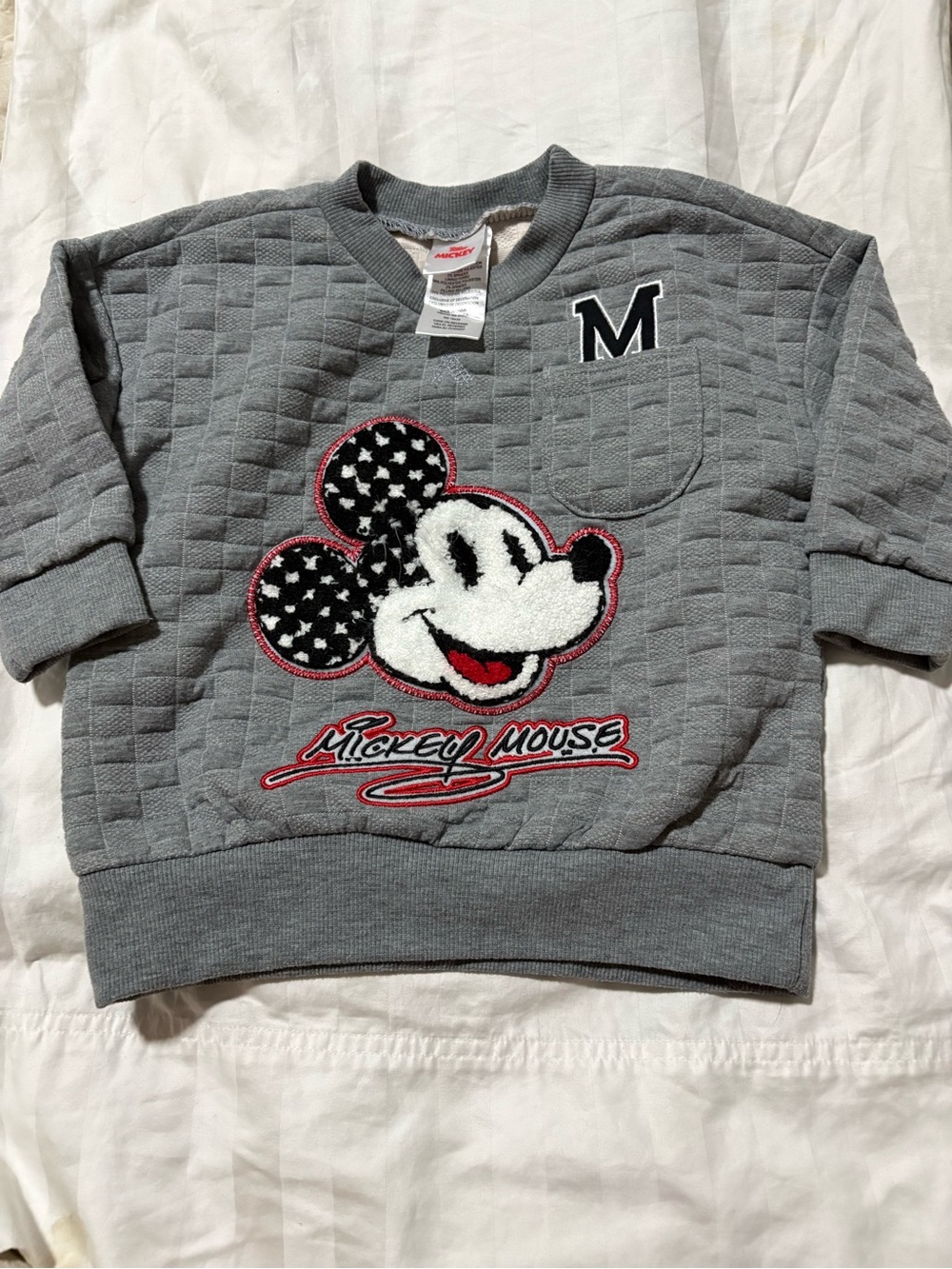 Disney Gray Quilted Kids Sweatshirt with Mickey Appliqué and Red Trim